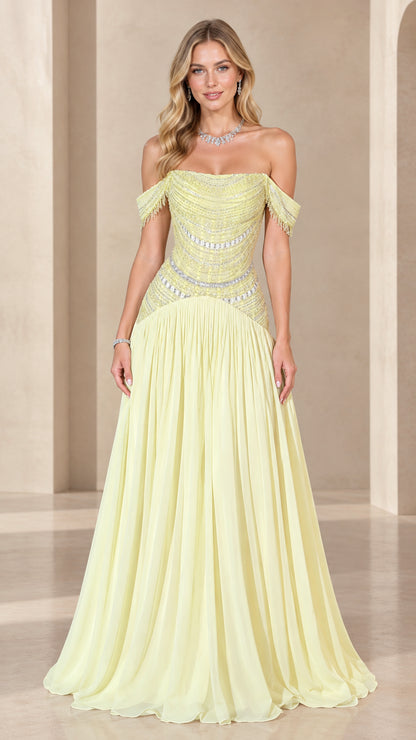 Full-length front view of pastel yellow off-the-shoulder beaded chiffon evening gown