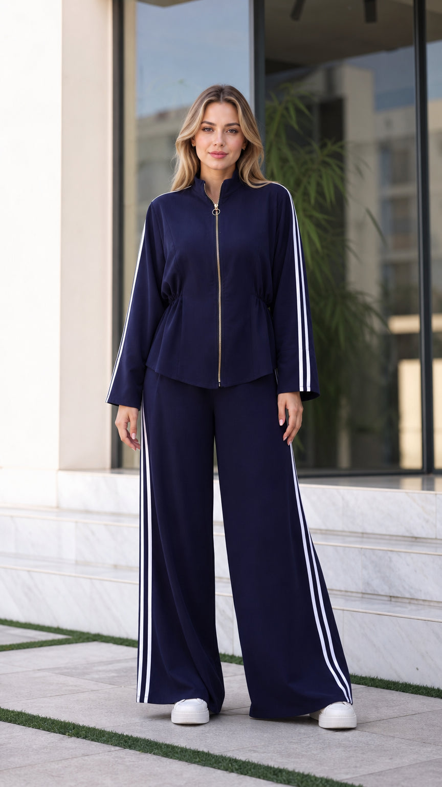 Women's Navy Blue side stripe tracksuit two-piece set front view