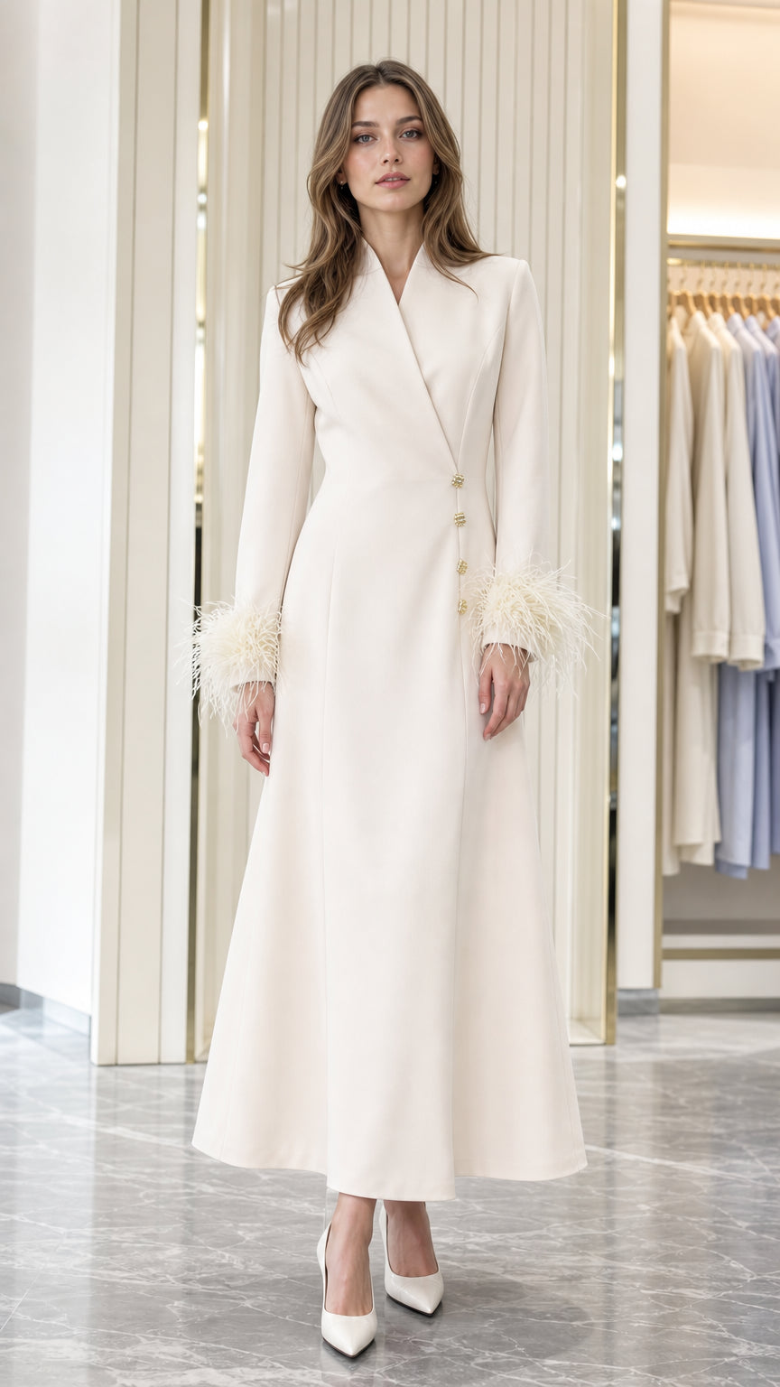 Front view of model wearing Ivory feather-cuff A-line maxi coat dress with gold buttons