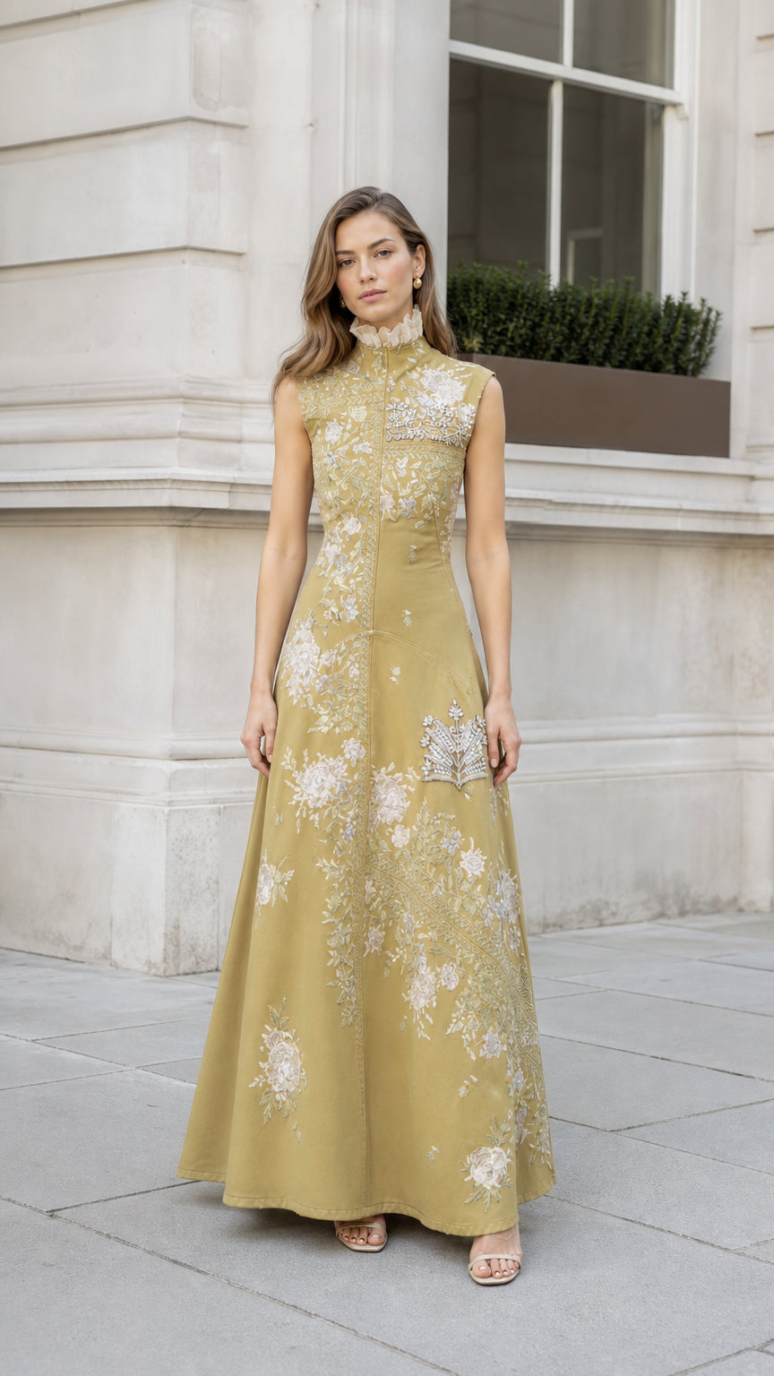 Front view of olive embroidered high-neck maxi dress