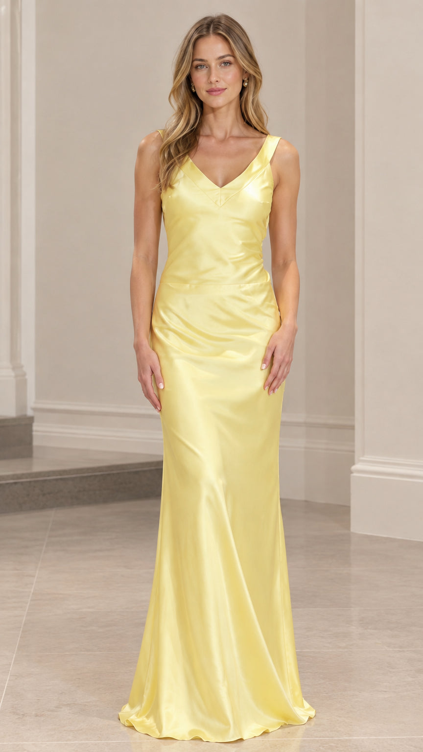 Front view of model wearing pastel yellow V-neck satin maxi dress
