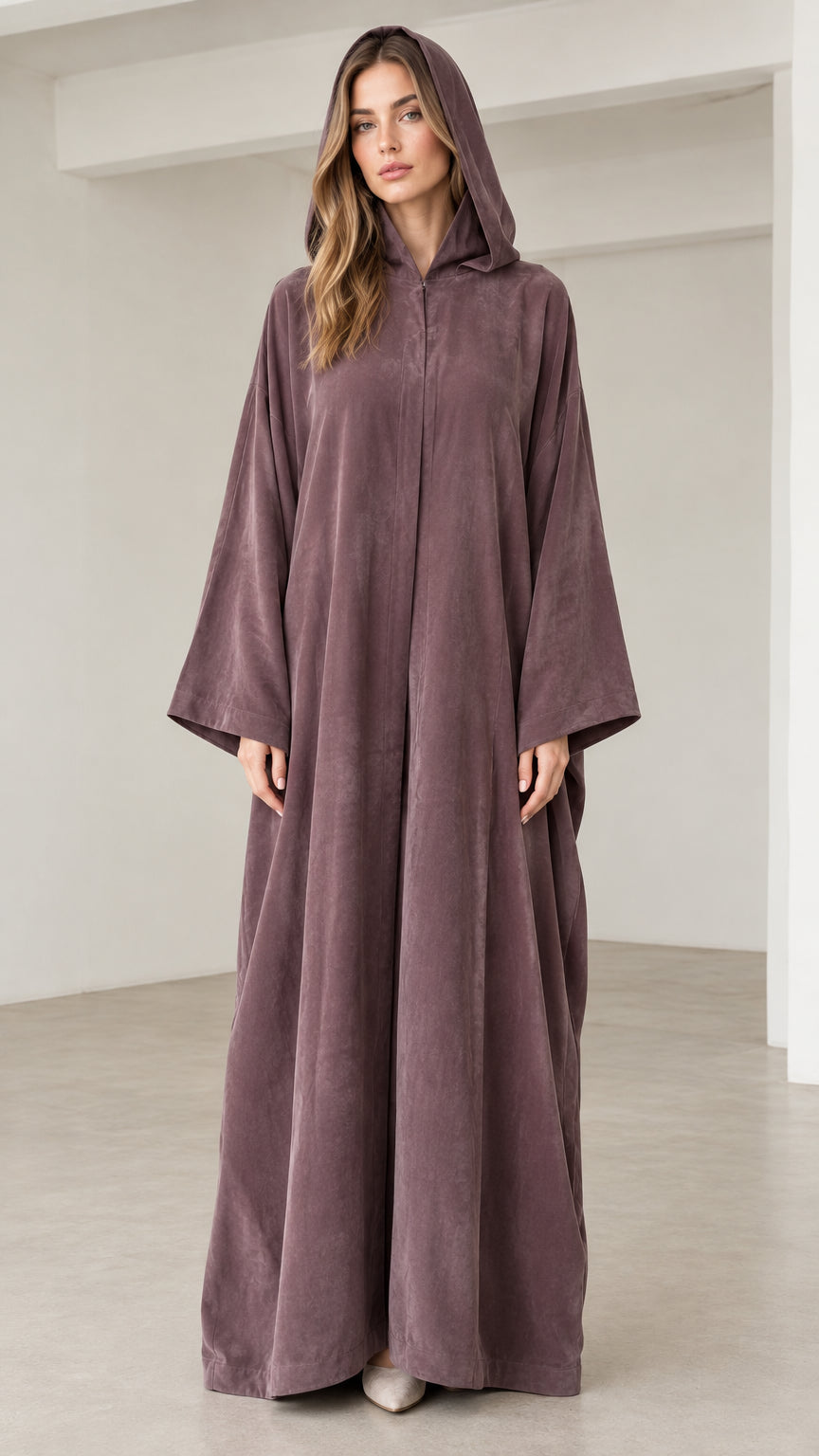 Women's dusty mauve hooded maxi abaya dress front view