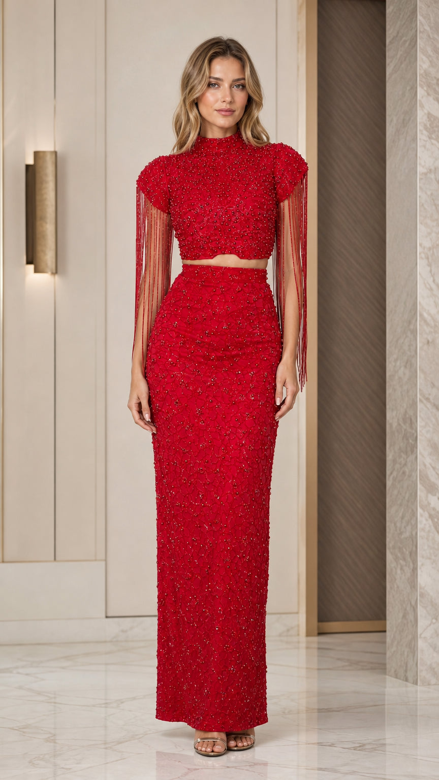 Front view of model wearing the Red Beaded Fringe Sleeve Two-Piece Maxi Dress Set