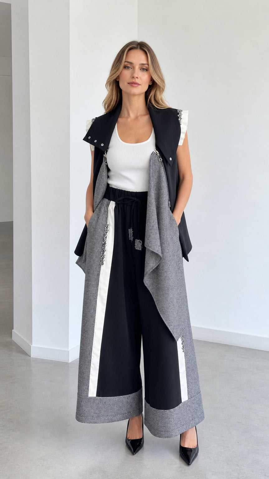 Model wearing black and grey asymmetrical vest and wide-leg culottes 2-piece set front view
