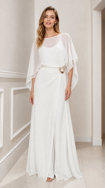 White chiffon cape sleeve formal maxi dress with waist ring accent front view