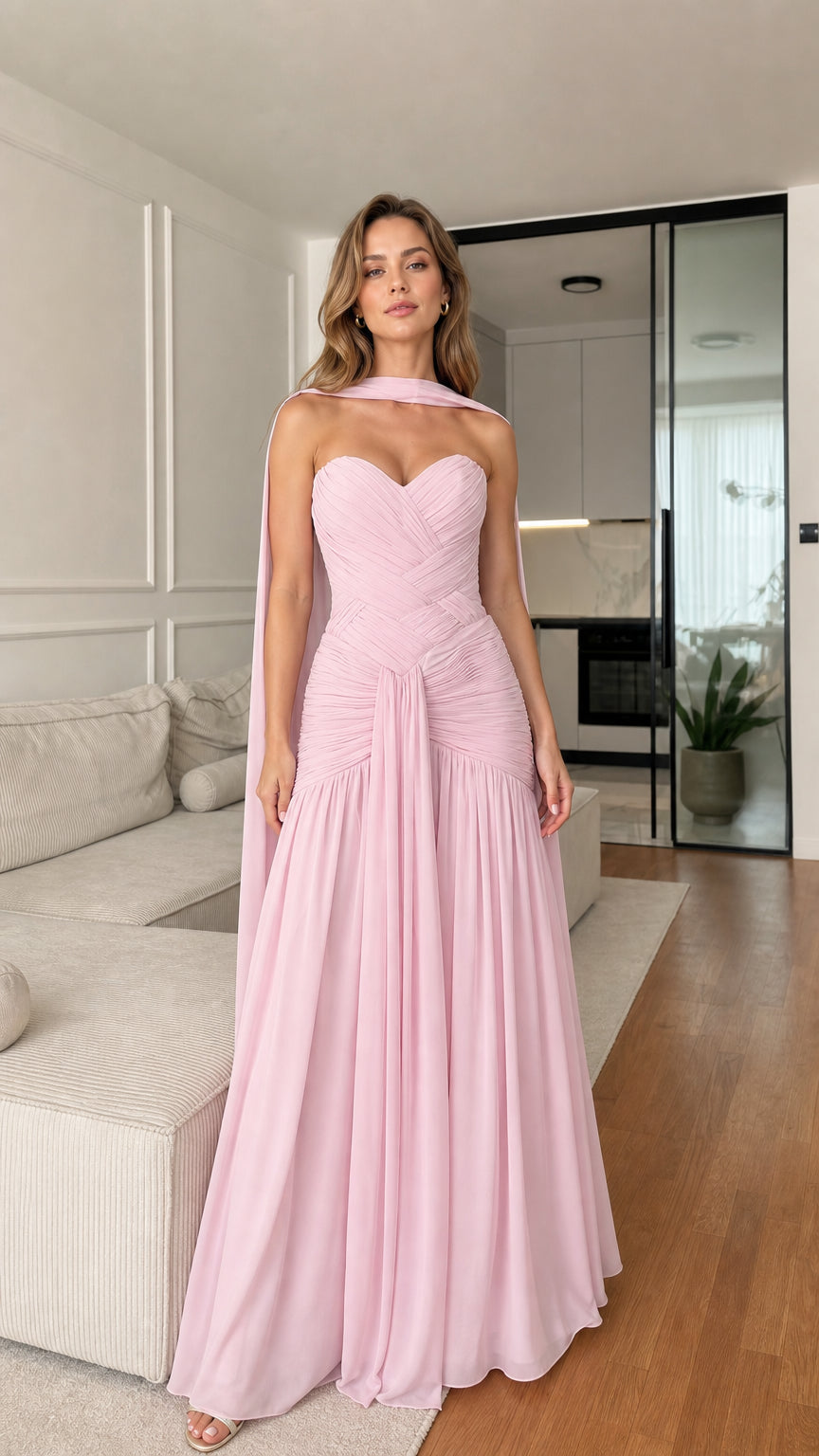Blush Pink Strapless Sweetheart Ruched Chiffon Maxi Evening Gown Front View