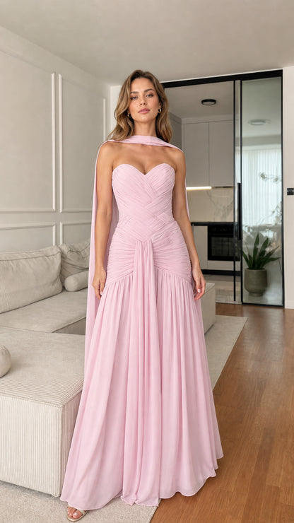 Blush Pink Strapless Sweetheart Ruched Chiffon Maxi Evening Gown Front View
