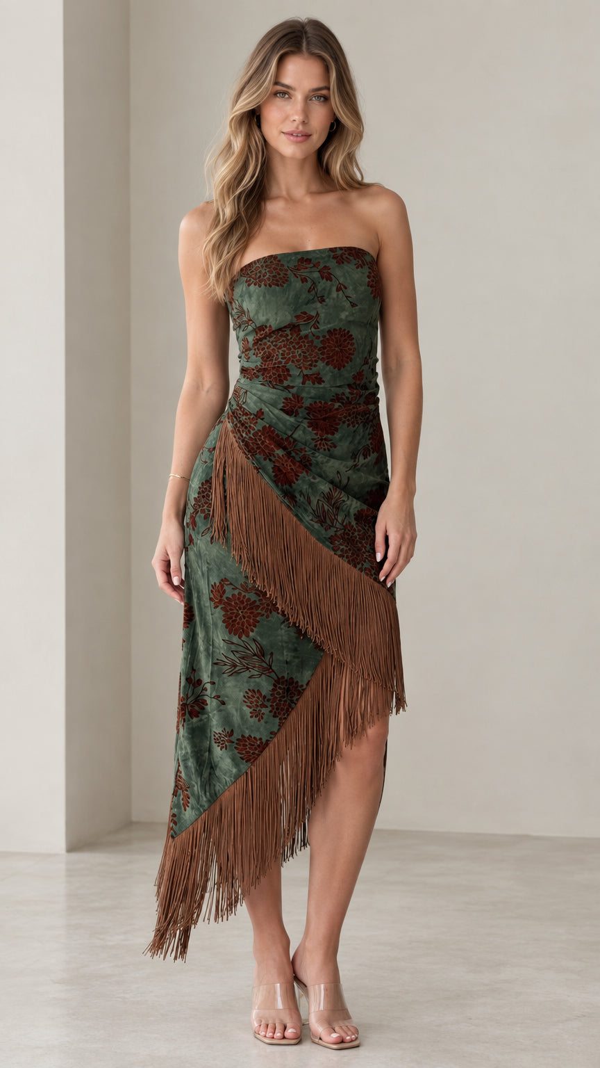 Olive Green strapless floral midi dress with asymmetric brown fringe trim - front view