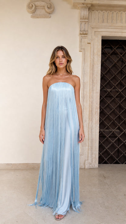 Model wearing Light Blue strapless fringe maxi dress front view