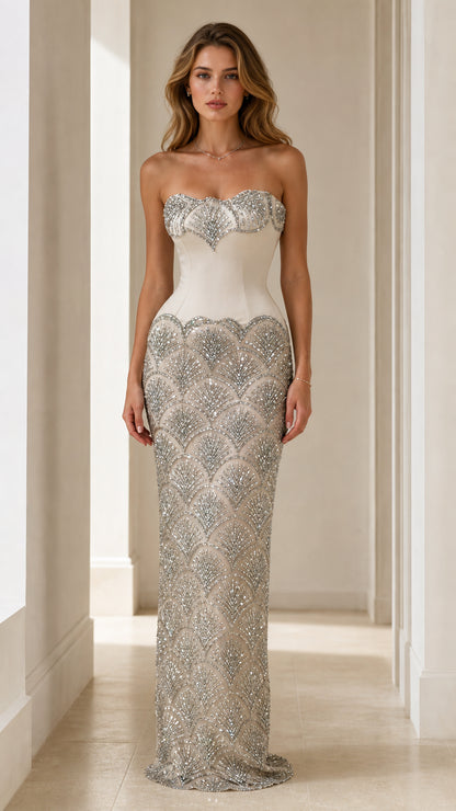 Front view of champagne sequin strapless evening gown