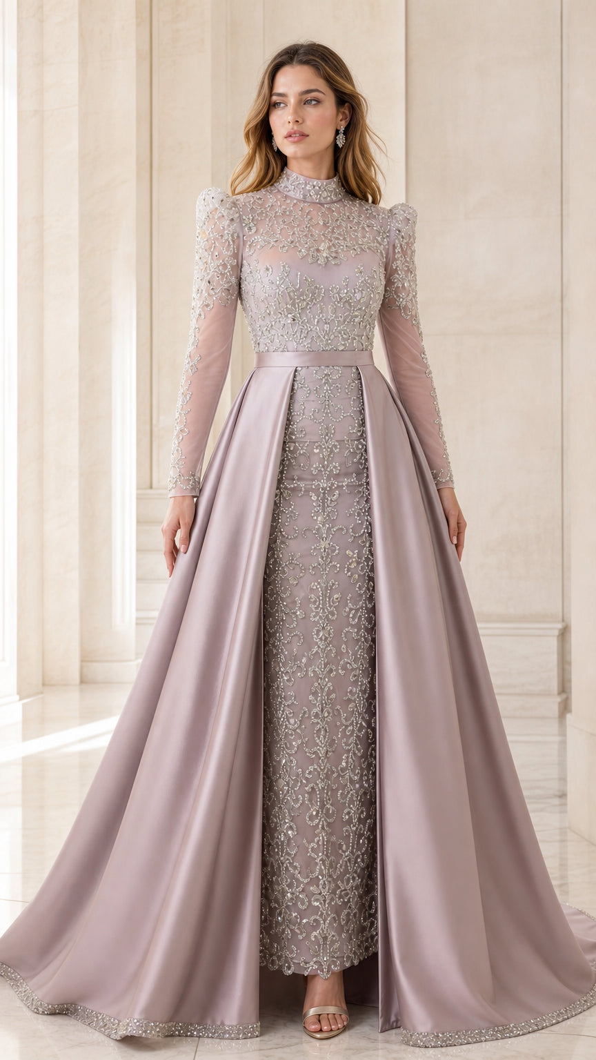 Front view of model wearing dusty lilac high neck beaded evening gown with satin overskirt