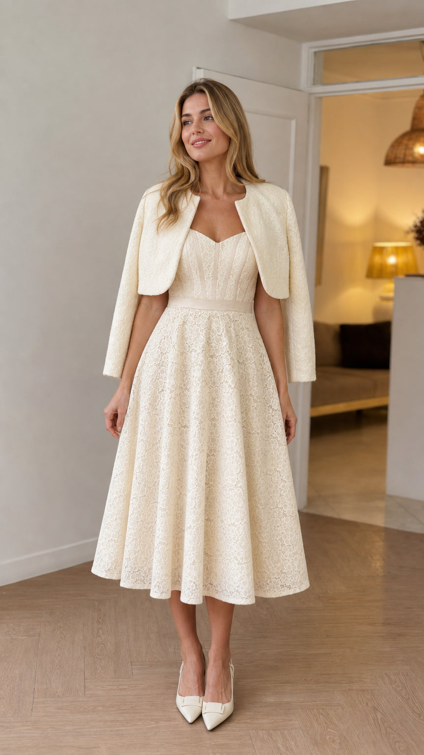 Front view of Ivory lace sweetheart midi dress with matching cropped bolero jacket