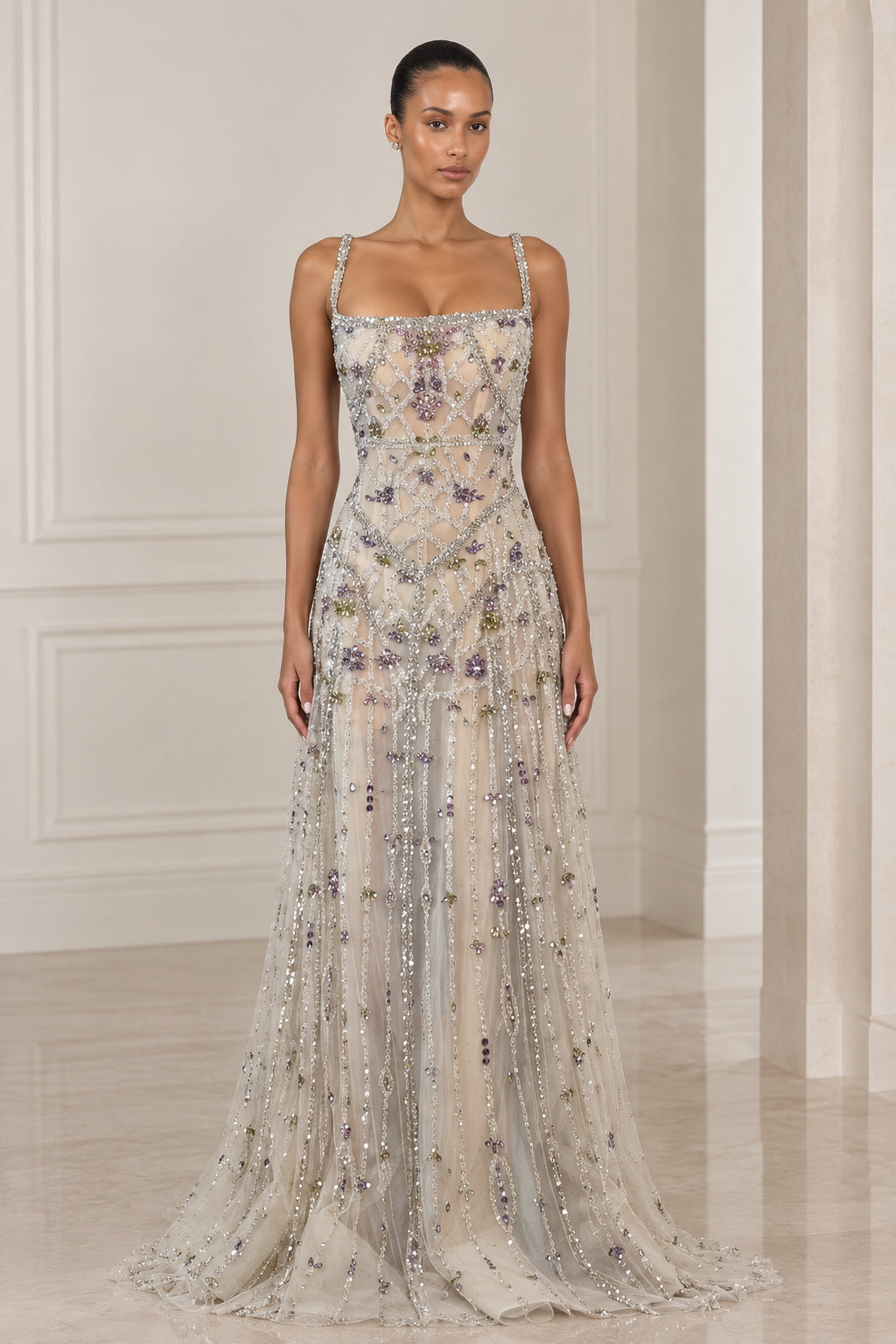 Front view of model wearing Silver Champagne square neck beaded floor-length evening gown