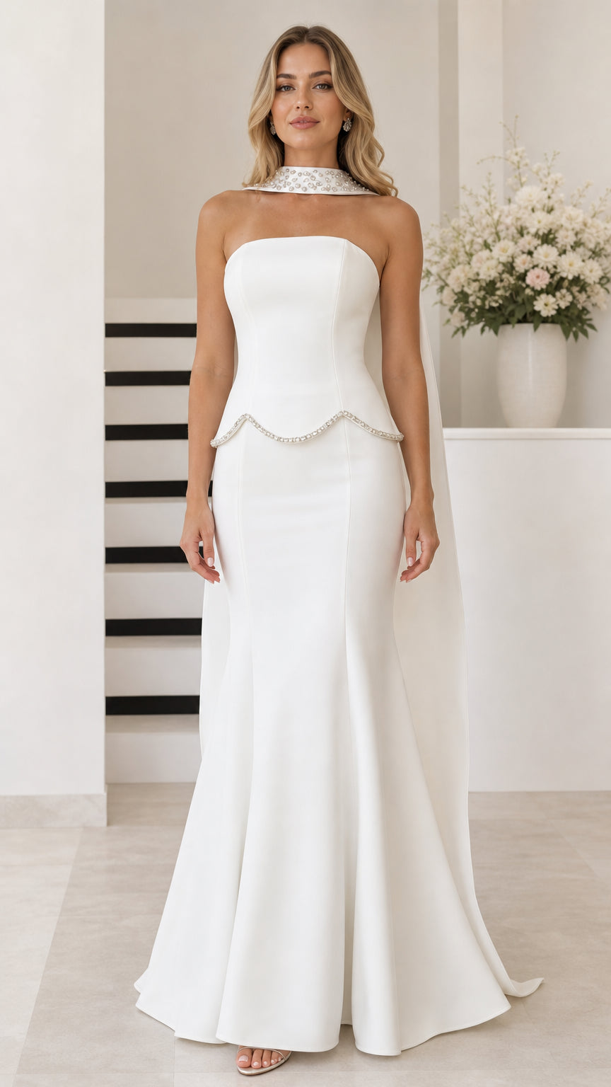 White strapless mermaid evening gown with embellished neck cape front view