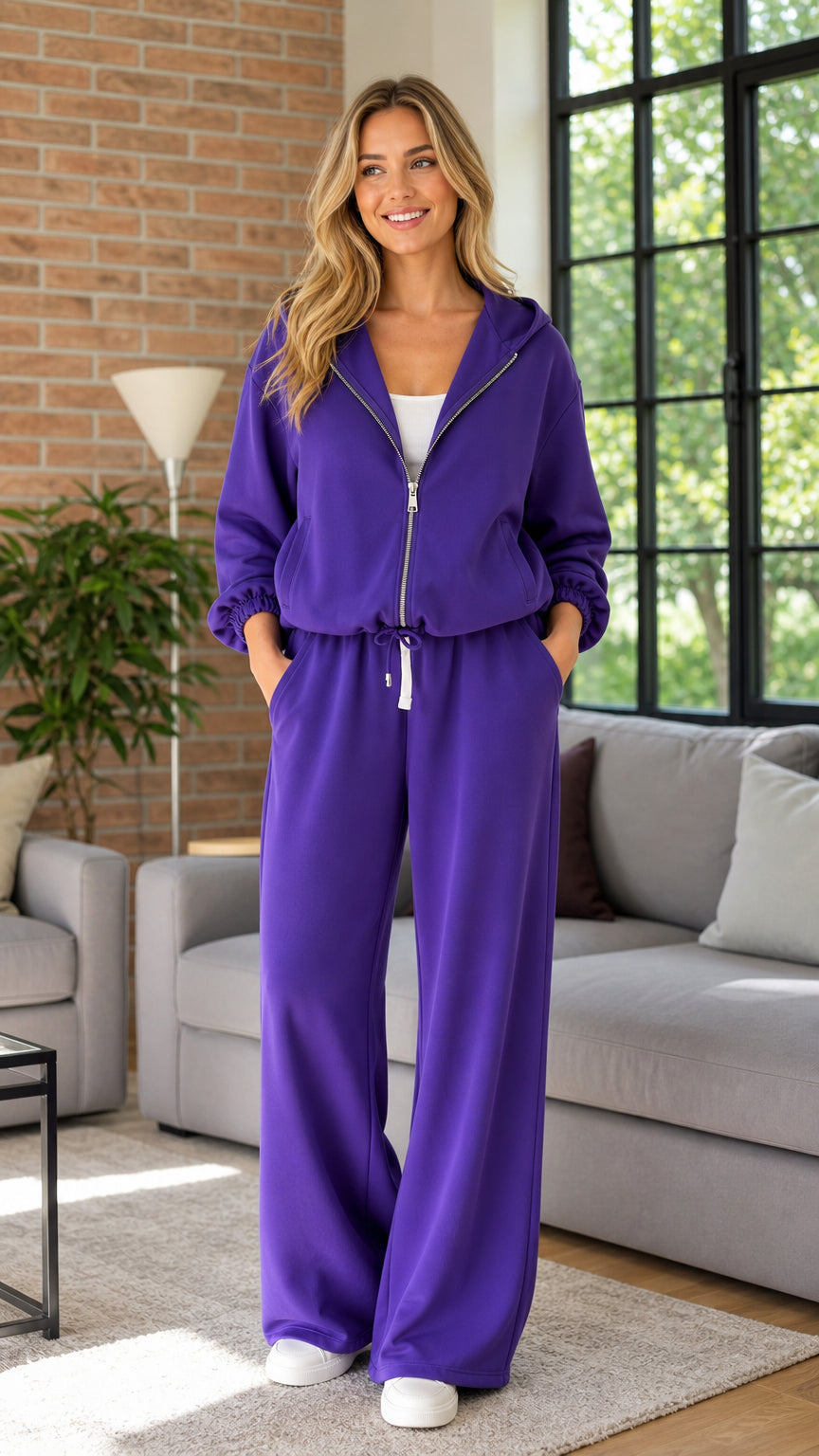Model wearing royal purple two-piece zip-up hoodie and wide-leg sweatpants set front view