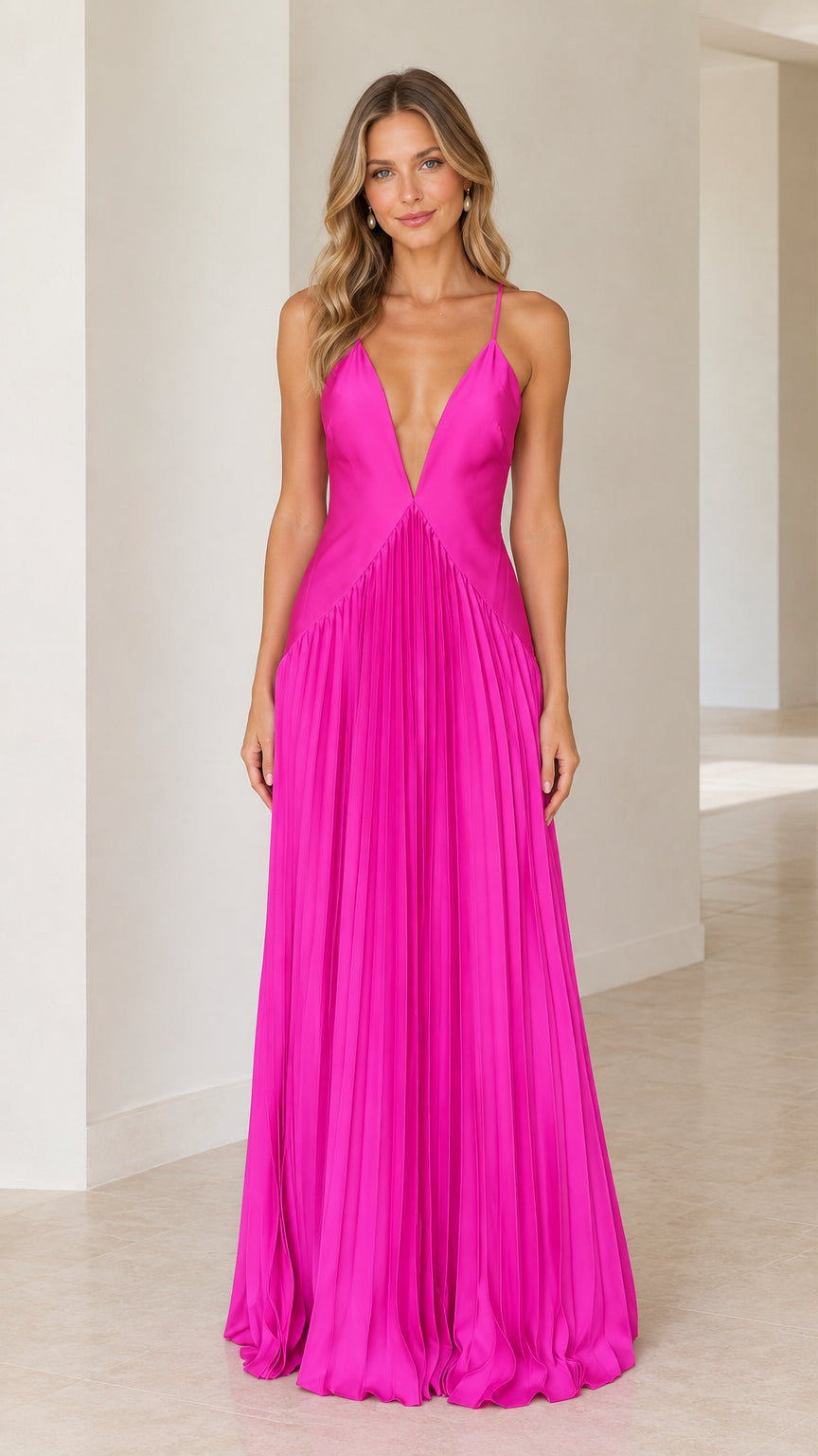 Hot pink deep V-neck pleated maxi dress front view