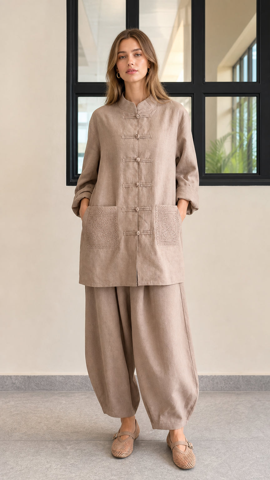Front full view of women's taupe linen blend tunic top and lantern pants set