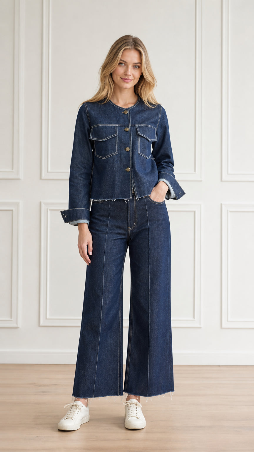 Front full-body view of model wearing dark blue denim jacket and matching wide-leg pants set