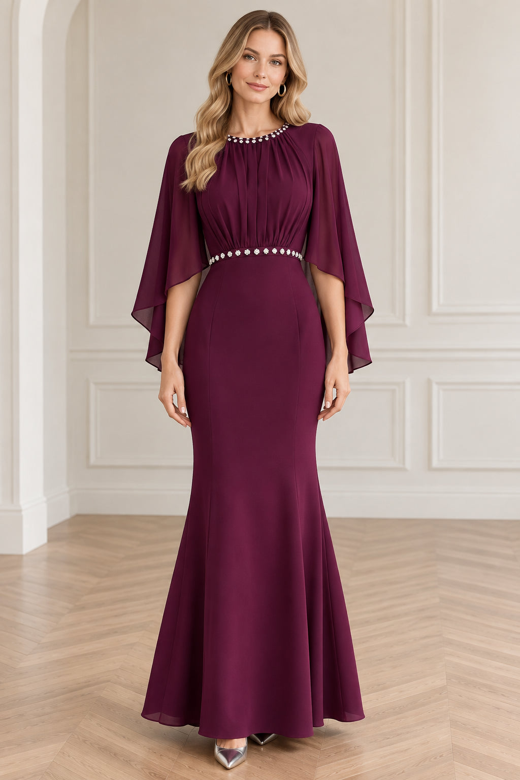 Burgundy cape sleeve mermaid evening gown front view with beaded neckline