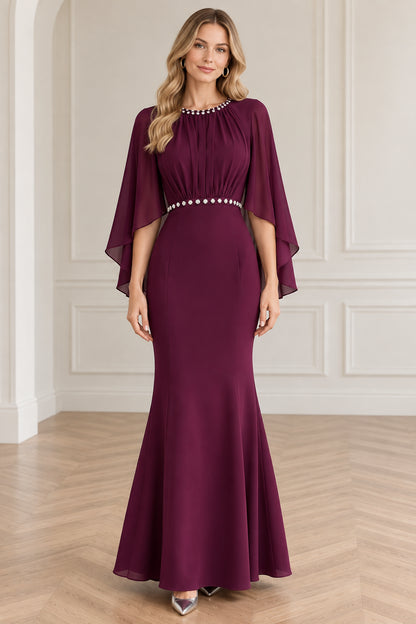 Burgundy cape sleeve mermaid evening gown front view with beaded neckline
