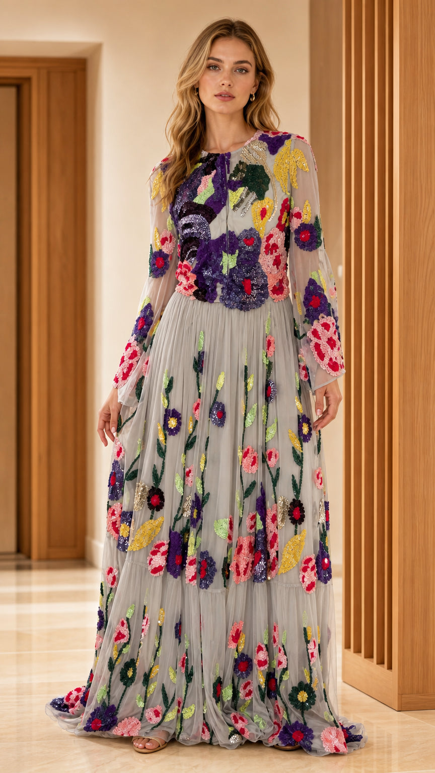 Grey floral embroidered sequin tulle long sleeve maxi evening gown front view