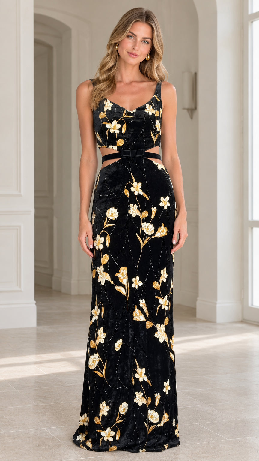 Full front view of model wearing black floral velvet maxi dress with waist cut-outs