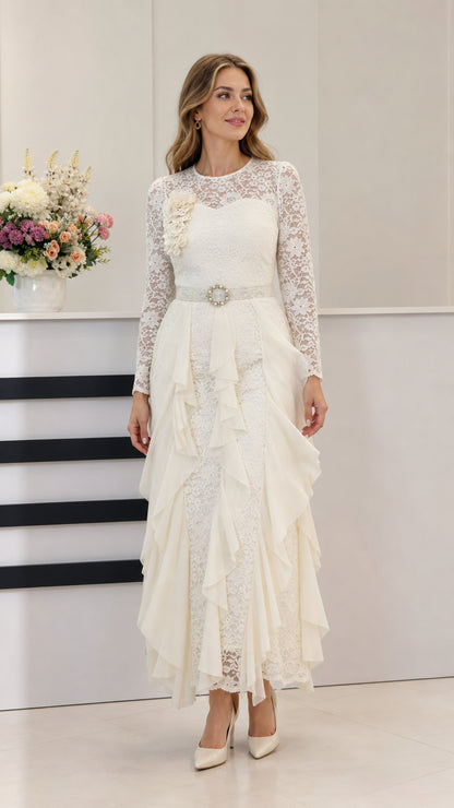Off White long sleeve lace evening maxi dress with cascading ruffles and belt front view
