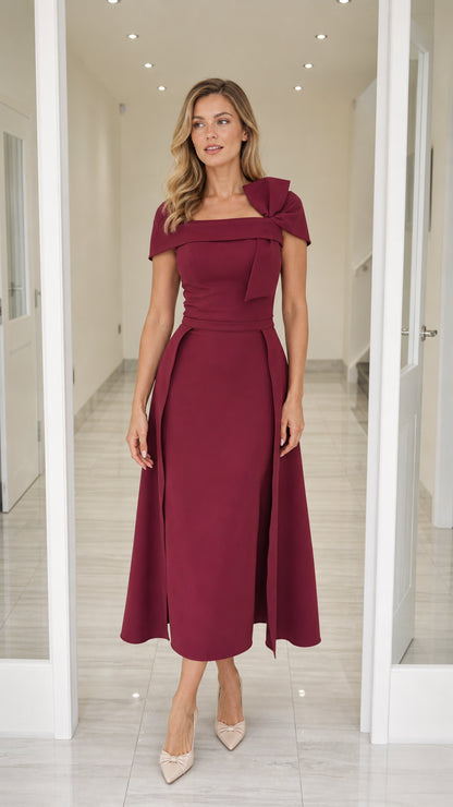Front view of burgundy bow accent midi dress