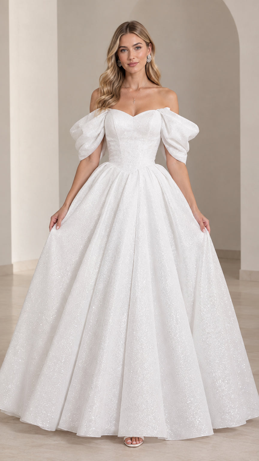White off-the-shoulder sweetheart sparkle ball gown with puff sleeves front view