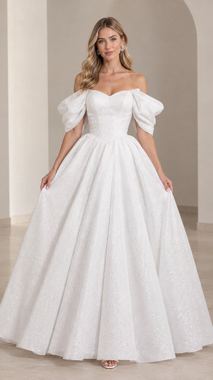 White off-the-shoulder sweetheart sparkle ball gown with puff sleeves front view