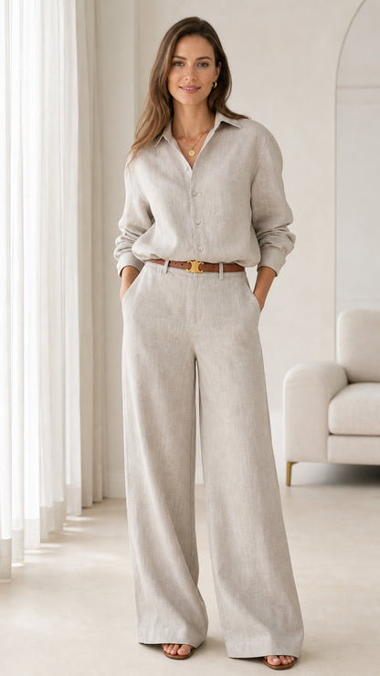 Women's beige linen-look button-down shirt and wide-leg trousers two-piece set front view