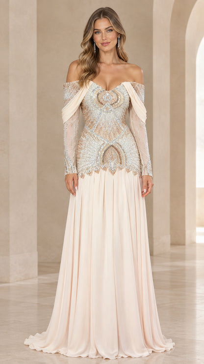 Front full-length view of champagne off-the-shoulder beaded bodice evening gown