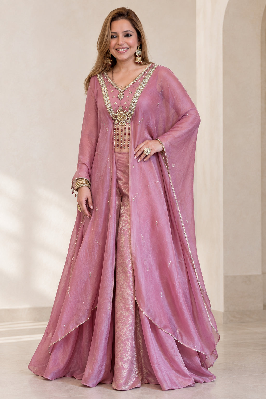 Dusty Rose 3-piece cape pant set with beaded crop top and flared trousers - front view