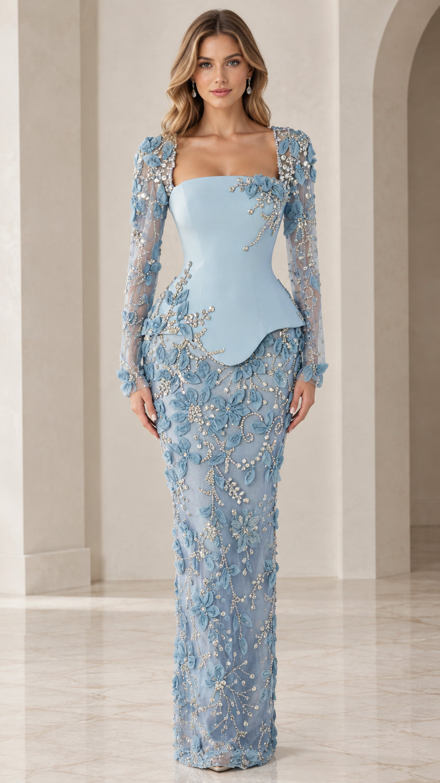 Sky Blue square neck long sleeve evening gown with sculpted peplum bodice and floral lace overlay - front view