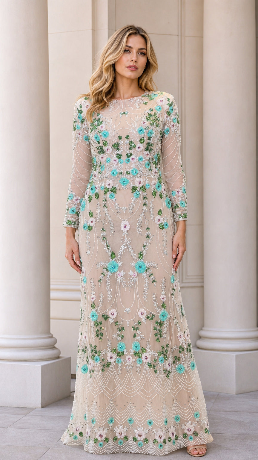Champagne floral embroidered beaded long sleeve evening maxi dress front view