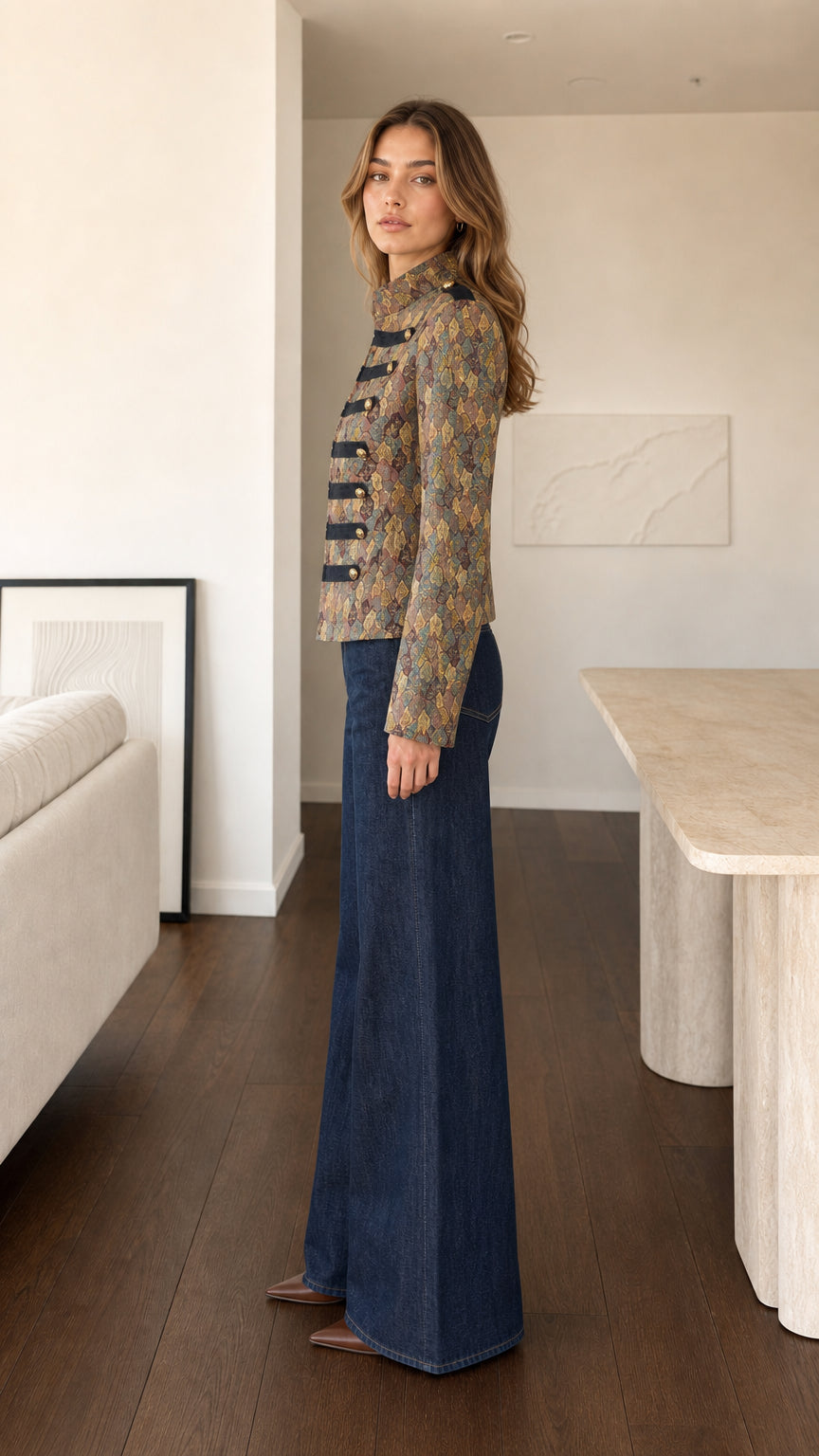 Side profile view of model wearing Bronze Multi military band jacket