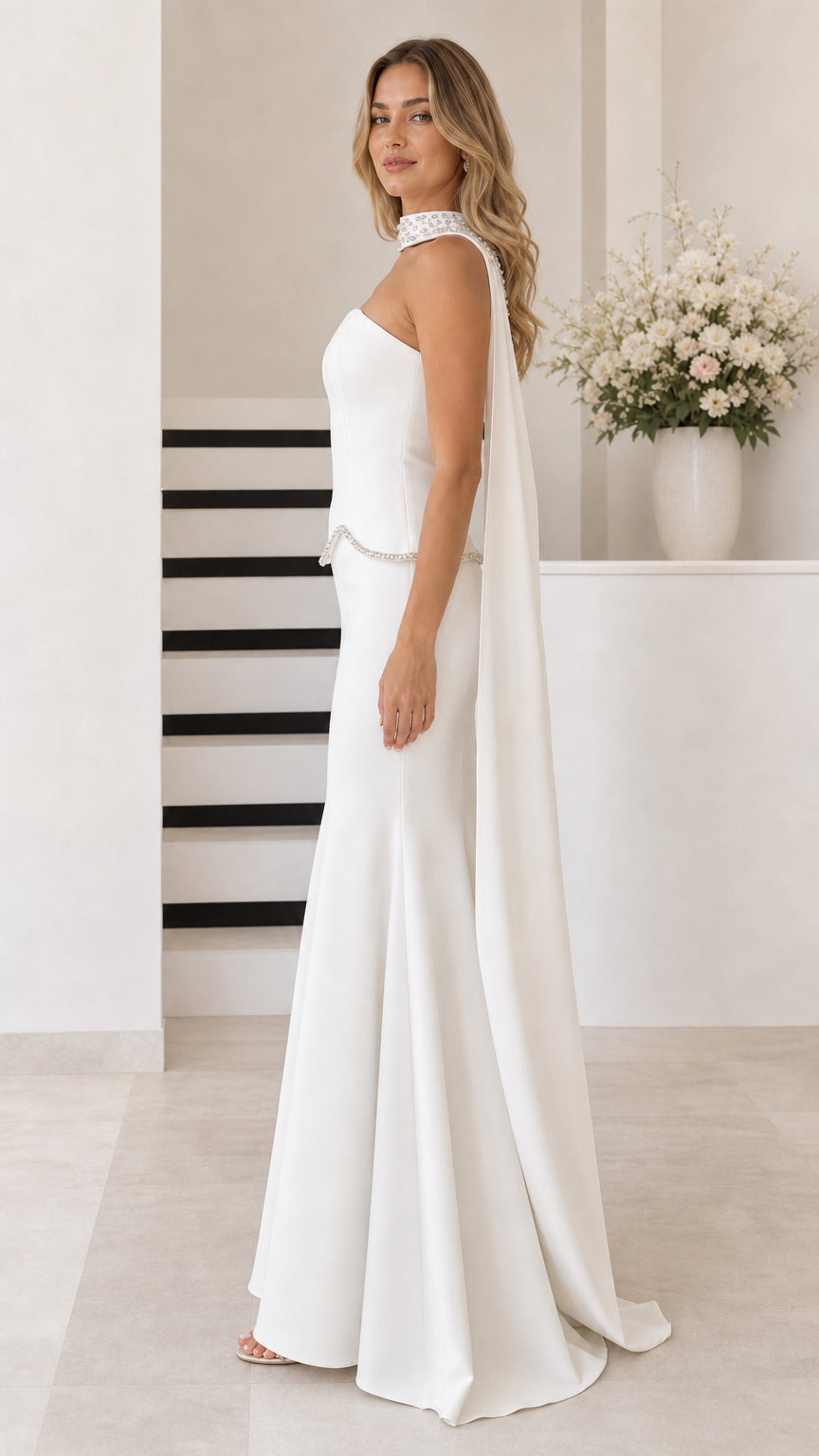 White strapless evening gown side view showing long flowing back cape