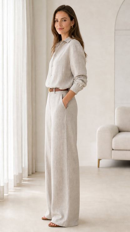 Side view of beige two-piece matching collared shirt and wide-leg pants