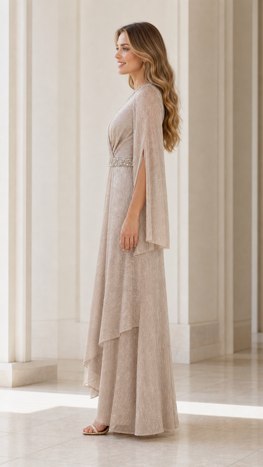 Side view of champagne evening dress with split sleeves