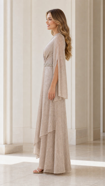 Side view of champagne evening dress with split sleeves