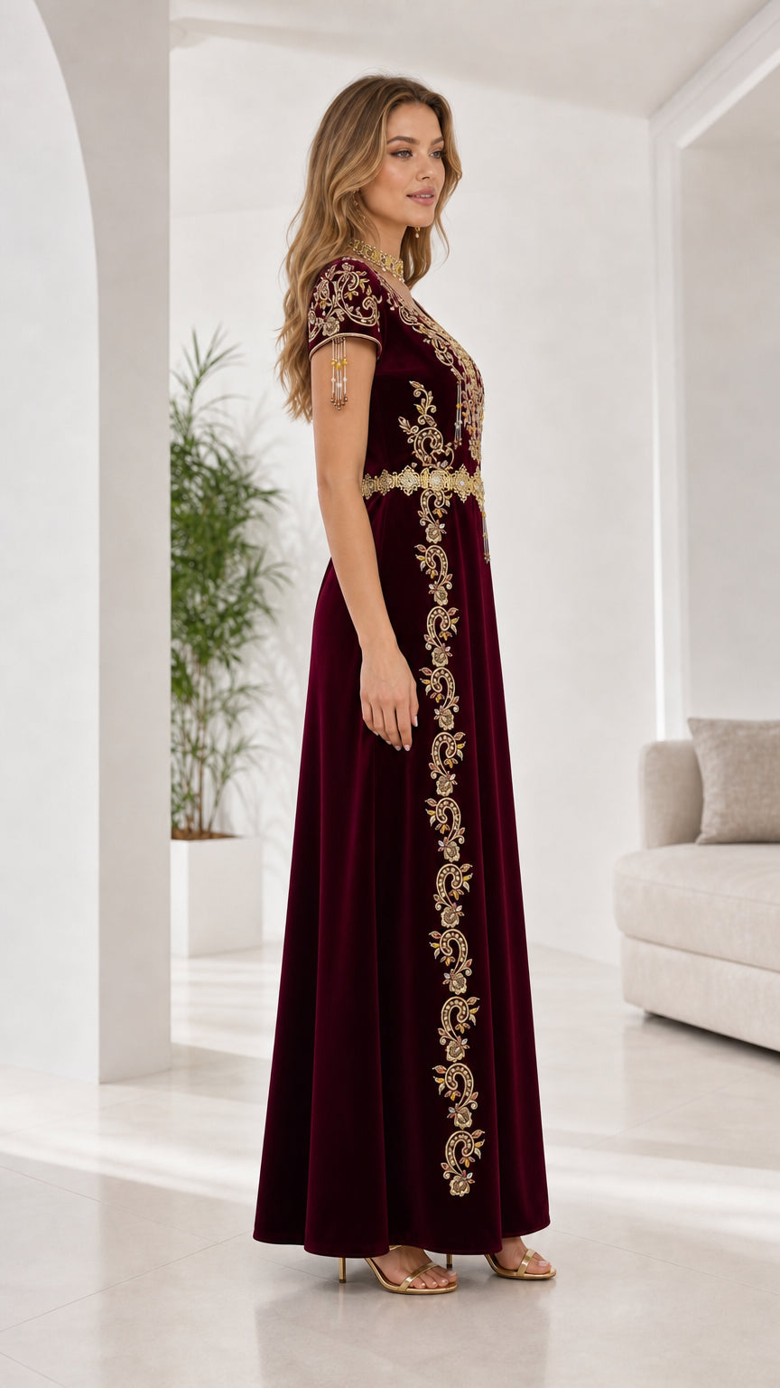 Side profile of model wearing burgundy velvet embroidered gown