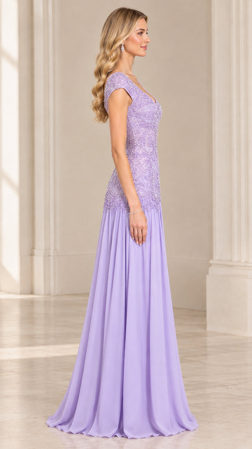 Side profile of woman in lavender formal evening gown with beaded embroidery