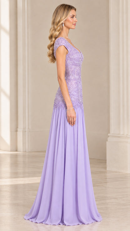 Side profile of woman in lavender formal evening gown with beaded embroidery
