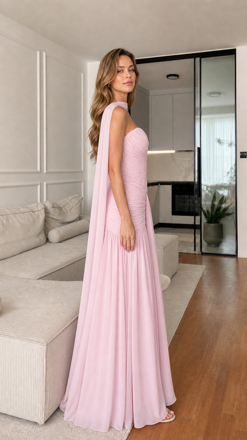 Blush Pink Strapless Maxi Evening Dress Side Angle with Neck Scarf