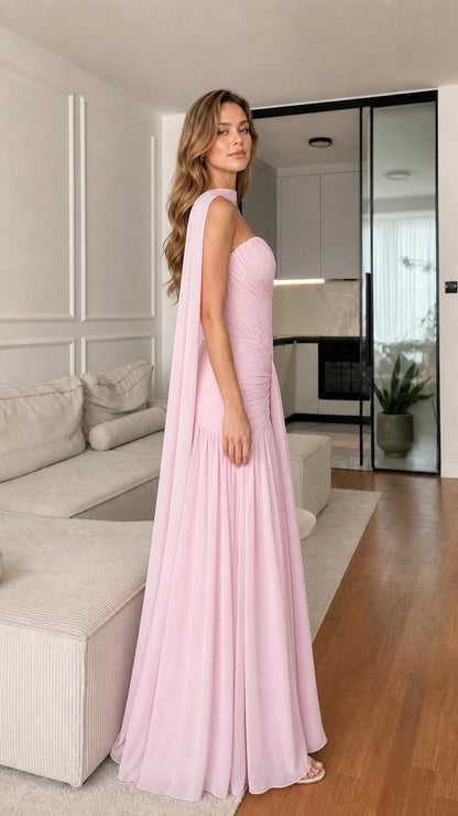 Blush Pink Strapless Maxi Evening Dress Side Angle with Neck Scarf