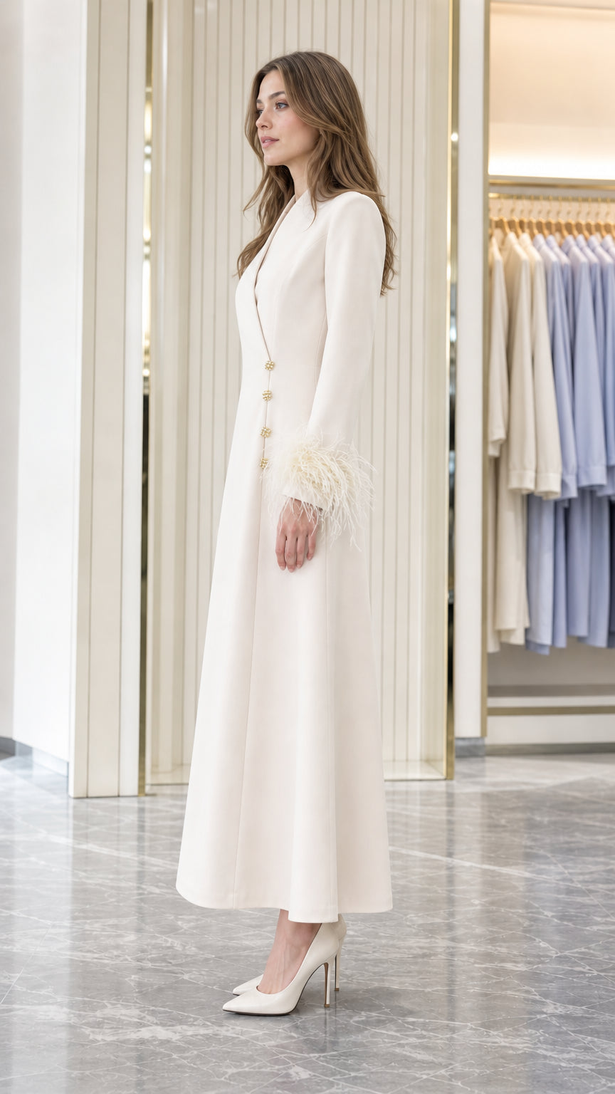 Side profile of model wearing elegant Ivory long-sleeve coat dress with feather trim