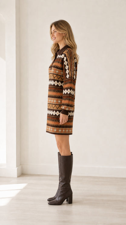 Side profile view of model wearing brown geometric pattern knit mini sweater dress