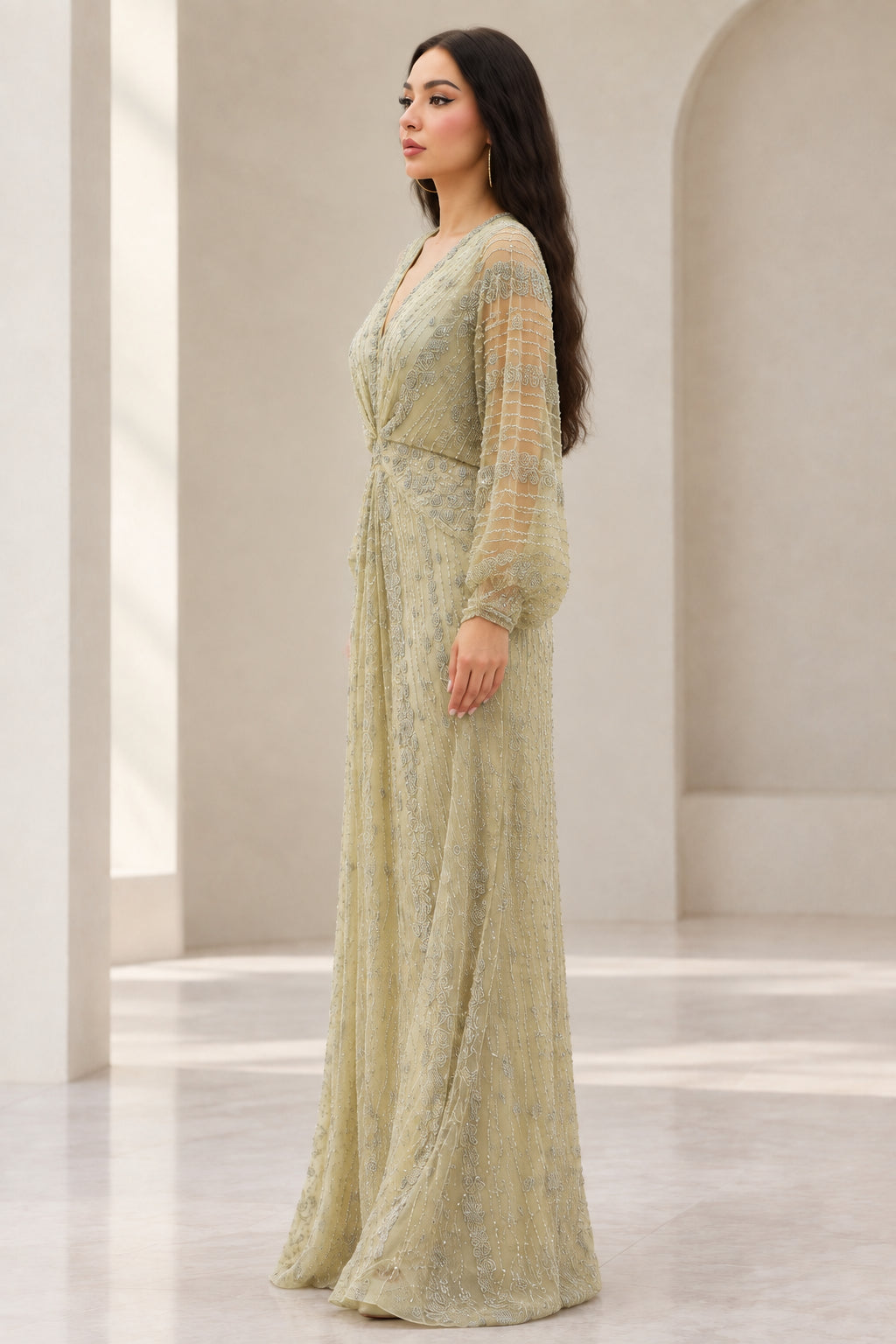 Side profile of Sage Green embellished V-neck maxi formal gown