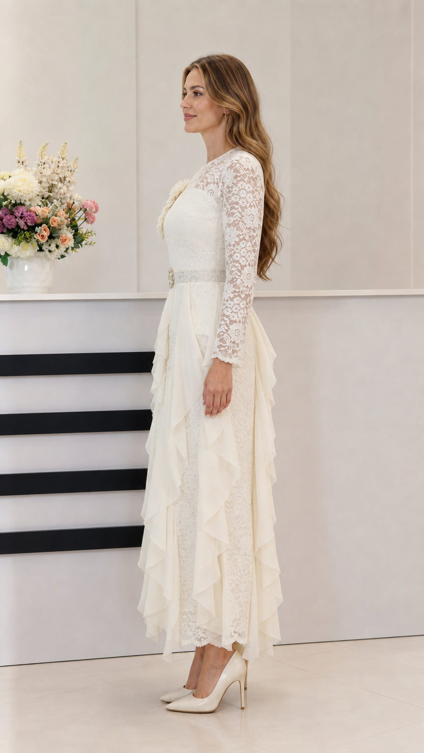 Off White belted lace evening gown side profile view