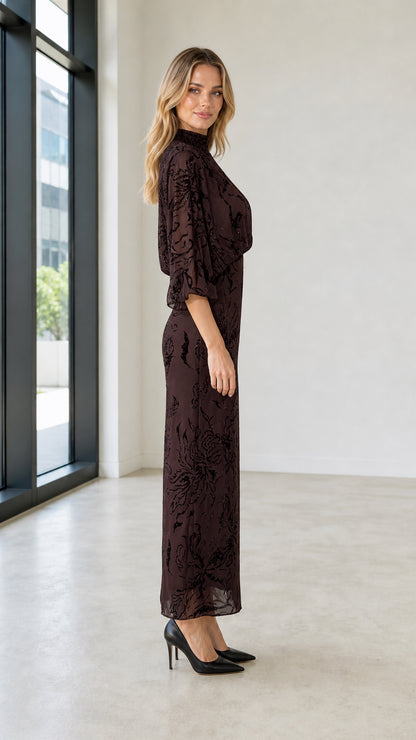 Side profile of Dark Brown maxi dress
